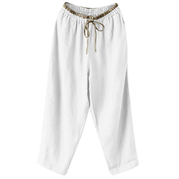 Womens Cotton Linen Cropped Pants Elastic Waist Drawstring Wide Leg Pants Casual Baggy Lounge Trousers with Pockets