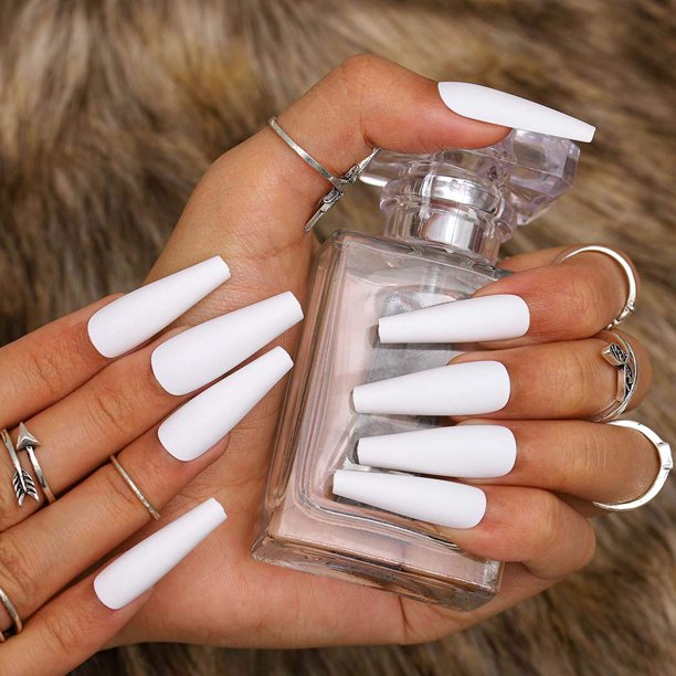 Coffin Extra Long Fake Nails Ballerina Press On Nails Matte Acrylic Nails For Women And Girls 24pcs White Walmart Com