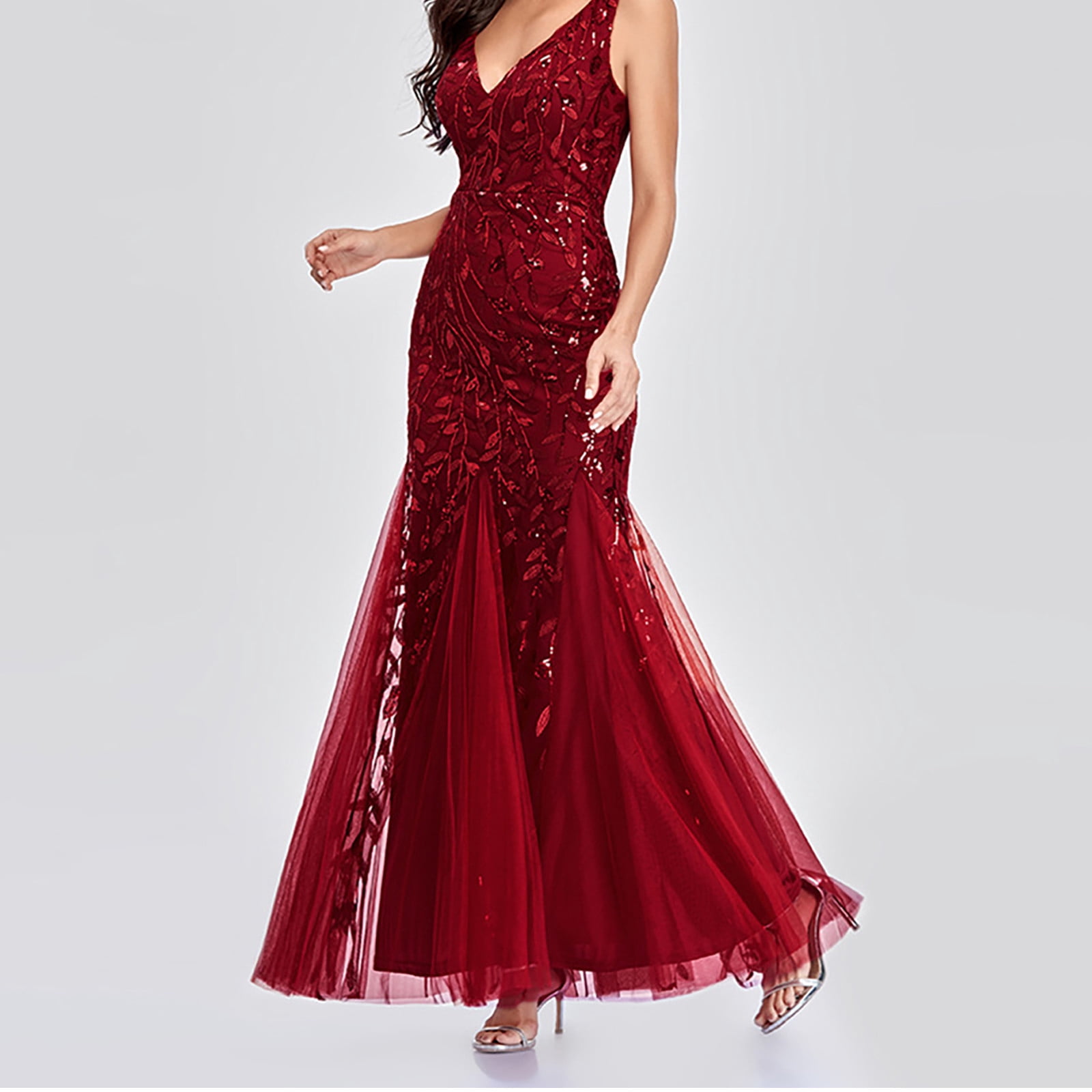 Womens Luxurious Sequins Formal Evening Dress Elegant Sleeveless Mermaid Tulle Floor Lenght Party Cocktail Dresses