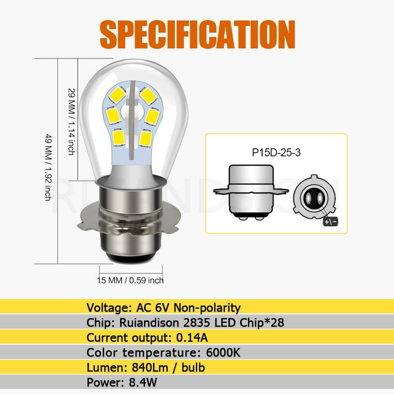 Ruiandsion 2pcs P15D-25-3 LED Motorcycle Light Bulb AC/DC 6V Ruiandsion 2pcs P15D-25-3 LED Motorcycle Light Bulb AC/DC 6V