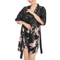 thumbnail image 5 of Defitshape Women's Satin Robe Set with Chemise Nightgown 2 Piece Pajama Set Sexy Sleepwear Cami Sleep Dress Crane Printed Nightwear V Neck Short Sleeve Mini Black Large, 5 of 5