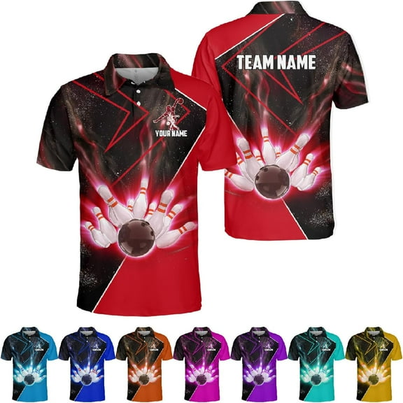 Custom 3D Bowling Polo Shirts for Men and Women Personalized Team Name Gift Unisex Customized Bowling Short Sleeve Polo Shirt (Red, S)