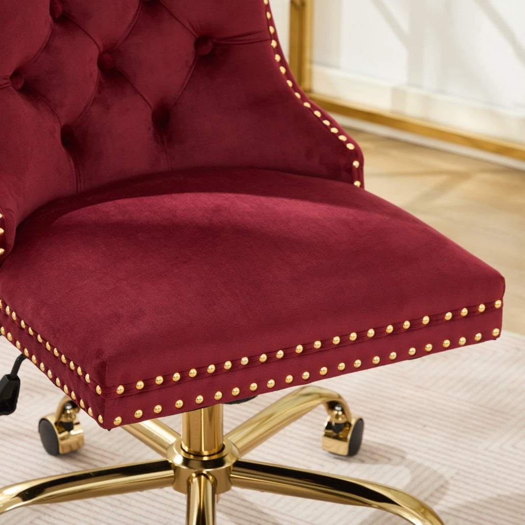 Velvet Office Desk Chair with Swivel Wheels, Modern Vanity Chair with Golden Metal Base and High Back, Tufted Button Adjustable Height Chair for Living Room, Bedroom, Apartment, Red