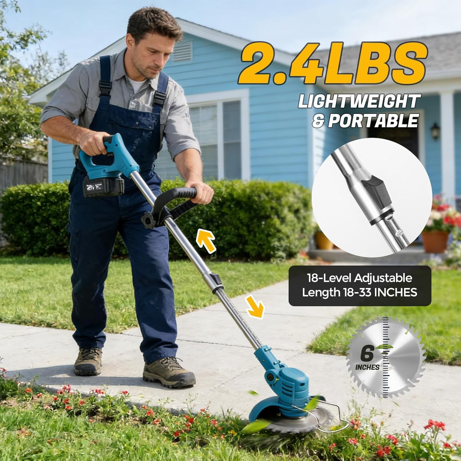 Electric Weed Wacker 21V Cordless String Trimmer with Dual Batteries and Telescopic Pole for Lawn Yard Pruning