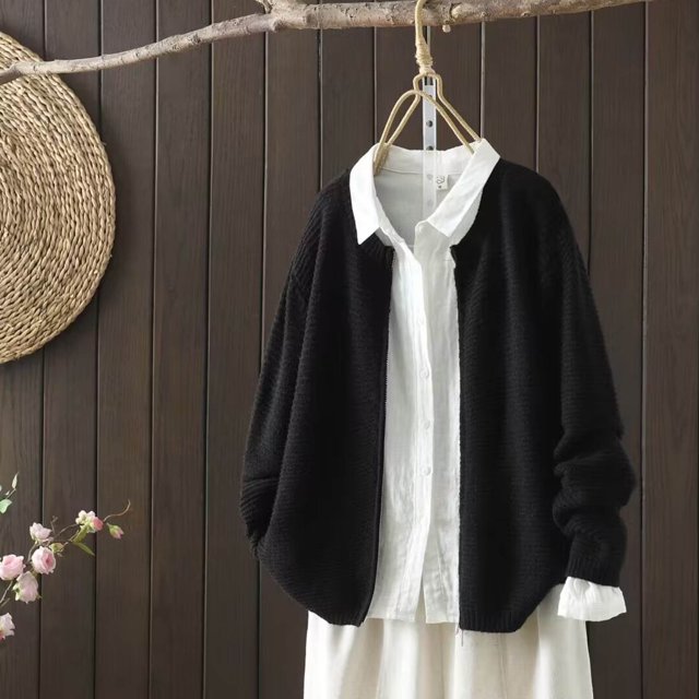 BLCHUNen Chandails pour Femmes Tricot Côtelé Fermeture Éclair Complète Col Rond Tenue Décontractée Automne Hiver Chaude Manches Longues