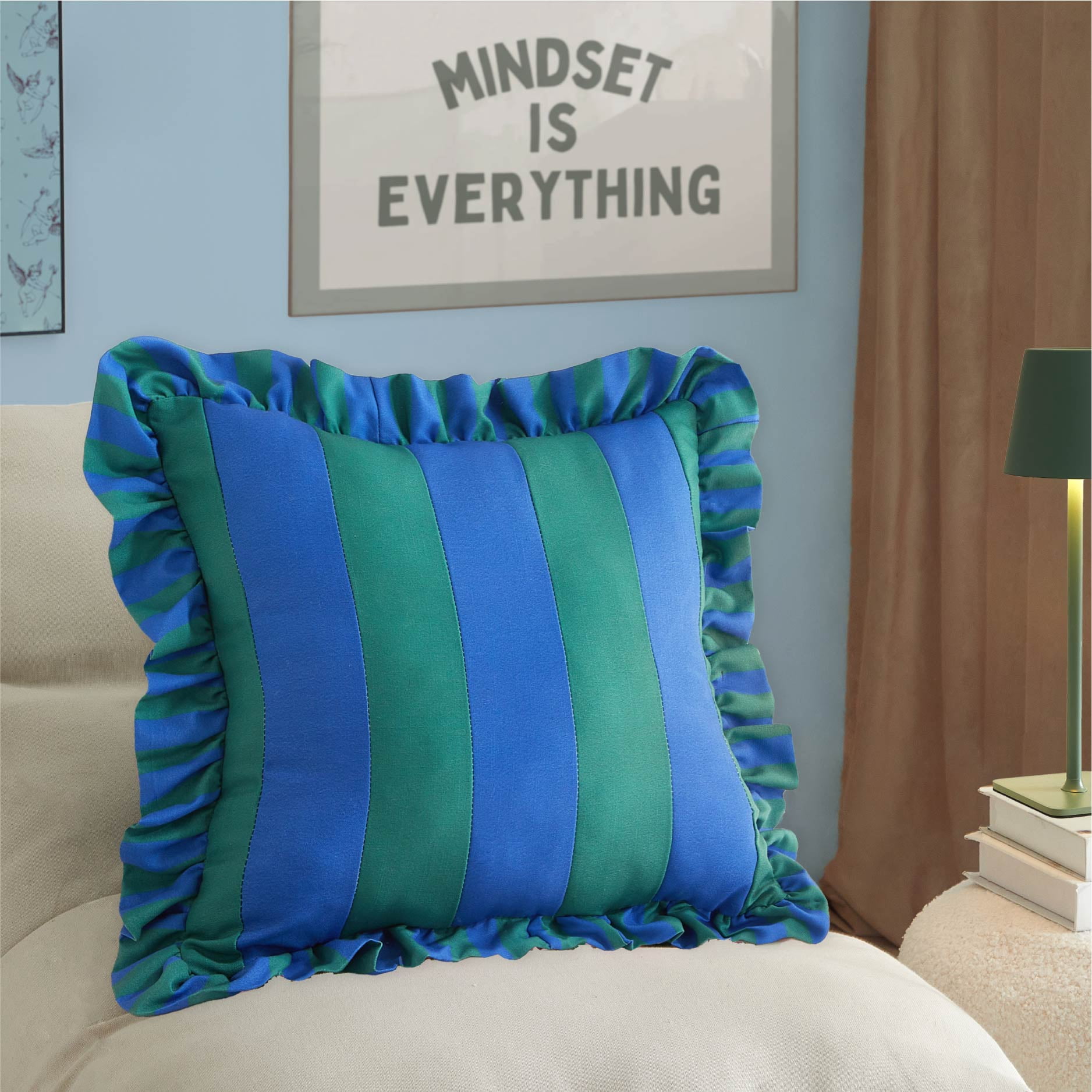 Mainstays 18" x 18" Blue and Green Ruffle Striped Pillow