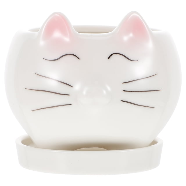 Maceta de cerámica blanca con diseño de gato de dibujos animados, creativa, con forma de flor carnosa, para uso doméstico, mini gato con base sin planta