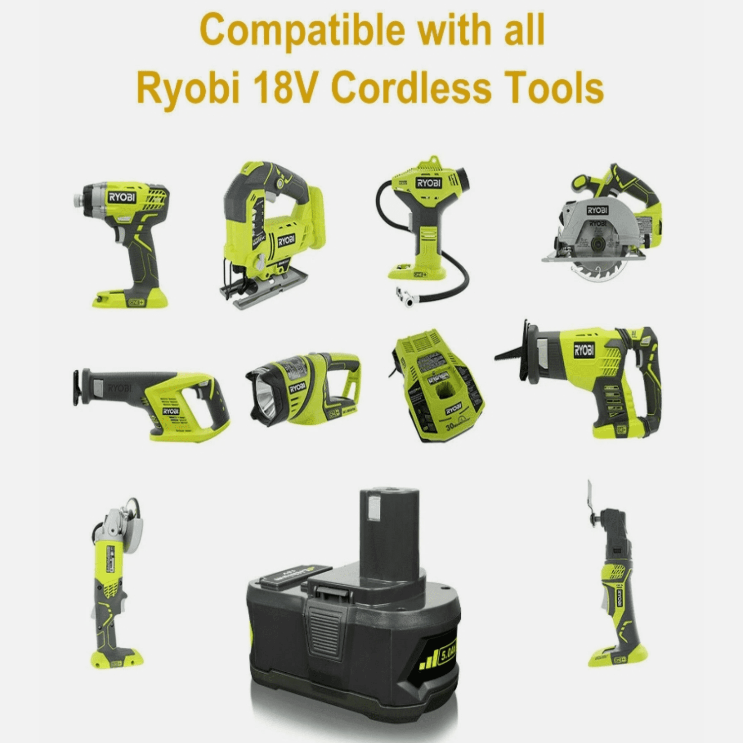 18v 5.0Ah Lithium lon Replacement Battery, Compatible with Ryobi 18v One+ Power Tools and Charger P100 P102 P103 P104 P105 P107 P108 P109