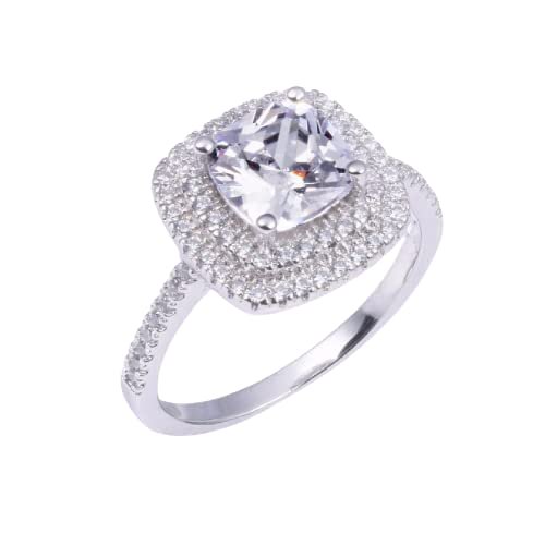 HeartsAndYou 3ct Cushion Cut Moissanite Engagement Ring for Women 18k White Gold over Silver Double Halo