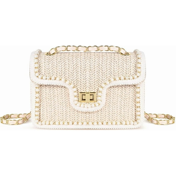 Straw Crossbody Bags for Women Summer Pearl Straw Clutch Purse Woven Shoulder Bag Vacation Handbags