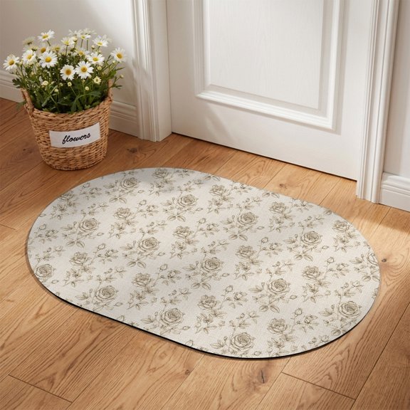 Repeating Floral Diatomaceous Earth Bath Mat, Rustic Vintage Beige Flower Stems Linen Texture Oval Non-Slip Quick Dry Door Mat Super Absorbent Bath Rug for Bathroom Kitchen Laundry 18x30in