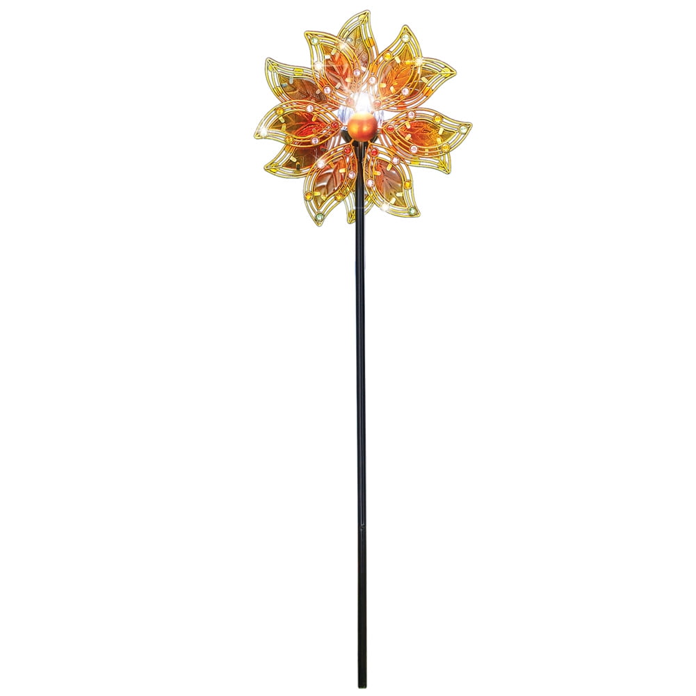 Double Glass Leaves Solar Wind Spinner Decorative Garden Stake, Lighted Outdoor Décor by Collections Etc