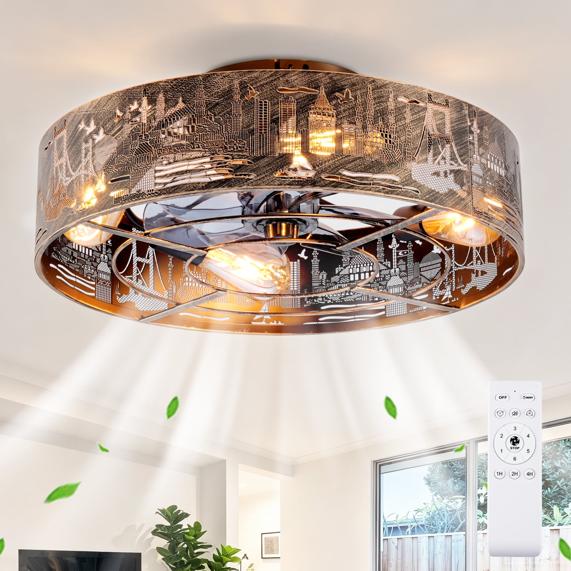 Leumius 20  Iron Art Ceiling Fans with Lights and Remote  Farmhouse Flush Mount Ceiling Fan with 6 Speeds Reversible Motor for Living Room Bedroom Dining Room (NOT Included Bulbs)