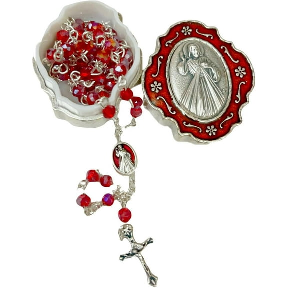 Catholic Silver Linked Rosary Set – 3mm Beads, 14.25" Length, Metal Keepsake Gift Box with Enamel Inlay – Perfect First Communion Gift - Divine Mercy