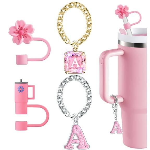 Straw Cover for Stanley Cup Accessories - Unique Crystal Letter Charms for Stanley Cups, Cute Flower & Cup Silicone Straws Topper Covers for 30 & 40 0z Tumbler with Handle, 10mm 0.4in Straw Cap