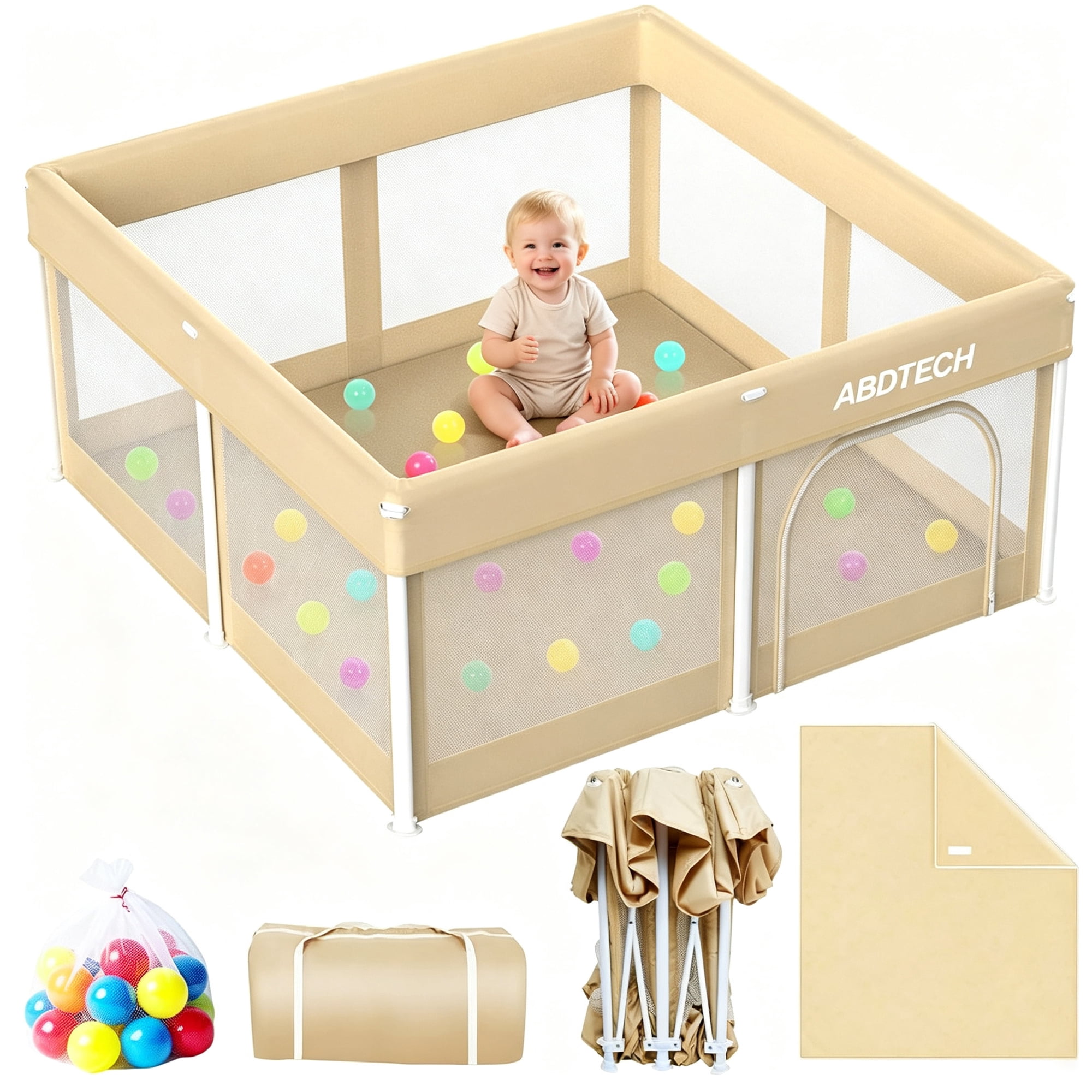Abdtech Foldable Baby Playpen with Mat, Collapsible Quick Setup Play Yard for Indoor and Outdoor, 50" x 50", Khaki
