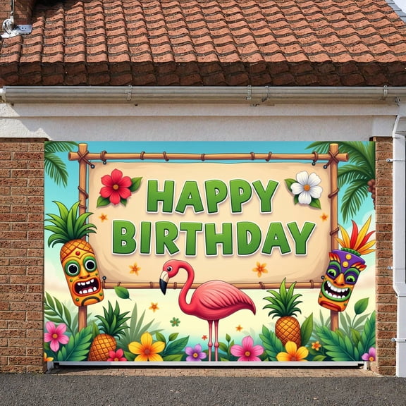Tropical Theme Banner Flamingo Design Tropical Backdrop Tiki Mask Decor Floral Pattern Hawaiian Background for Birthday Party Hawaiian Celebration Summer Party