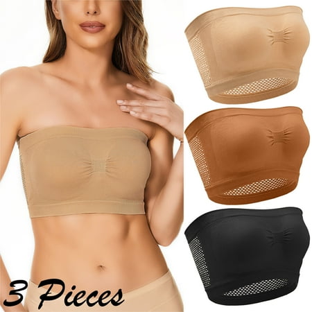Crunowin Women s Tube Top Bra 3 Pack  Solid Color No Underwire Traceless Breathable Comfort Strapless Underwear Beige XXXL