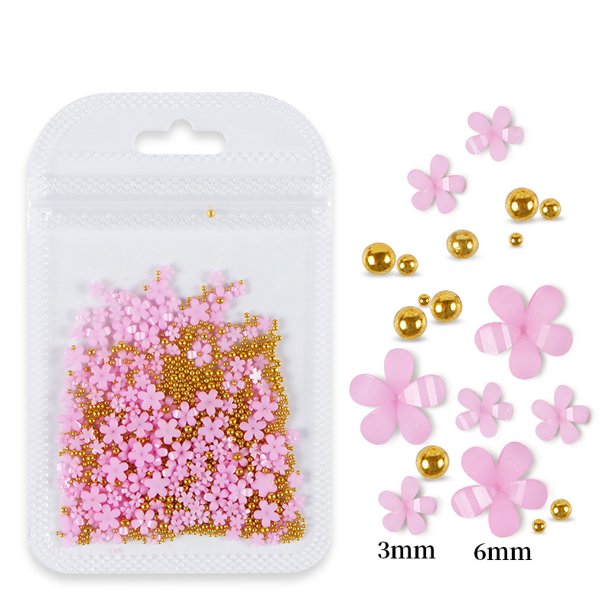 Bolsa de joyería con flores de cinco pétalos para decoración de uñas Joyería de flores acrílicas blancas y rosas con cuentas de oro y plata Flor de resina