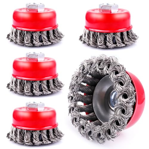 5 Pack 3 Inch Knotted Wire Cup Brush for 4 1/2 Angle Grinder, 5/8 Inch-11 Threaded Arbor, 0.02 Inch Carbon Steel Wire, Brush for Rust, Corrosion, Paint Removal