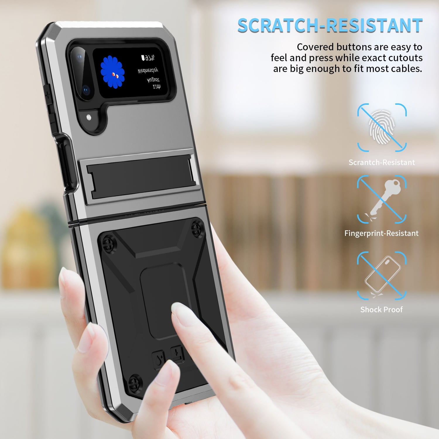 ELEHOLD for Samsung Galaxy Z Flip 4/3 6.7" Case, Heavy Duty Armor Built-in Explosion-Proof Tempered Glass Screen Protector Wireless Charging Hang Rope Hidden Kickstand Shockproof Rugged Case,Silver