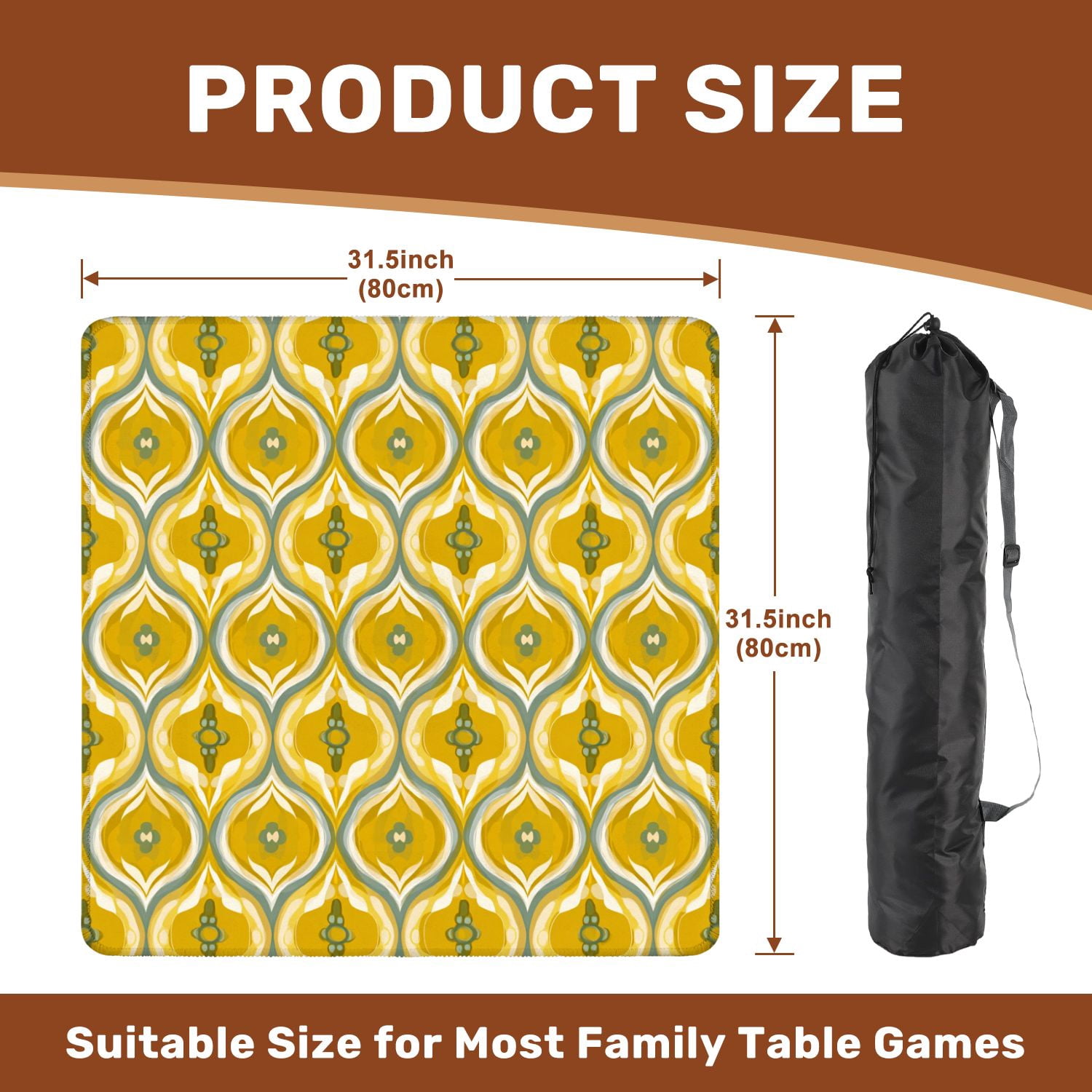 Mahjong Mat 31.5" x 31.5" Mid century retro seamless repeating groovy saucer yellow Non-Slip Noise Reduction American Mahjong Tiles Table Cover for Dominoes Poker Card Board Games Gift