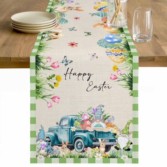Easter Table Runner 60 Inches Long Farmhouse Dress Scarves, Green Plaid Blue Truck Eggs Bunny Rustic Dining Tablerunner for Coffee Table/Kitchen Island/Party Décor, 13" x 60"