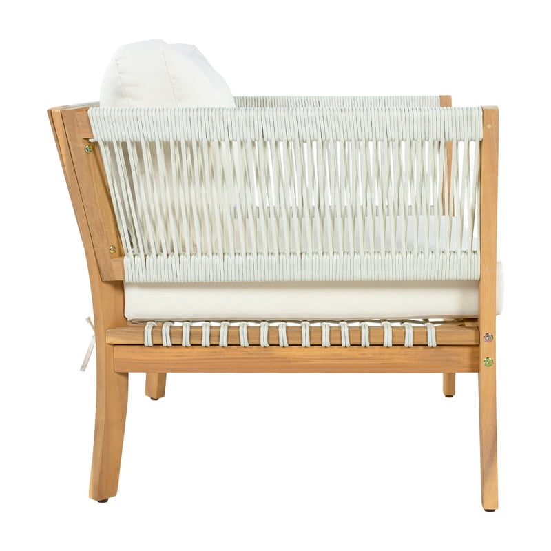 1Pcs Outdoor Acacia Wood Dining Chair with Woven Rope Armrests, Weather-Resistant Modern Accent Armchair with Thick Cushions