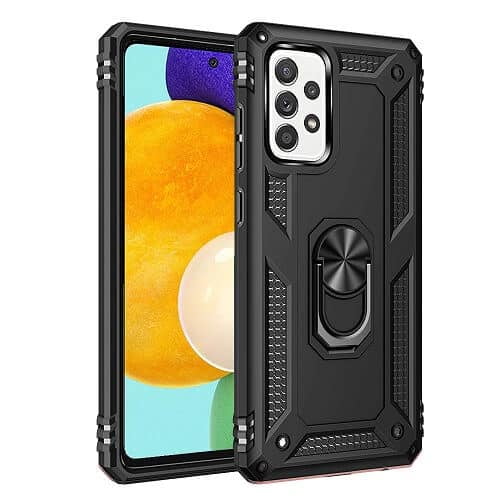Samsung Galaxy A52 Noir de Qualité Militaire Anneau Magnétique Métallique Rotatif à 360 Degrés Support de Voiture avec Béquille Antichoc Étui Robuste