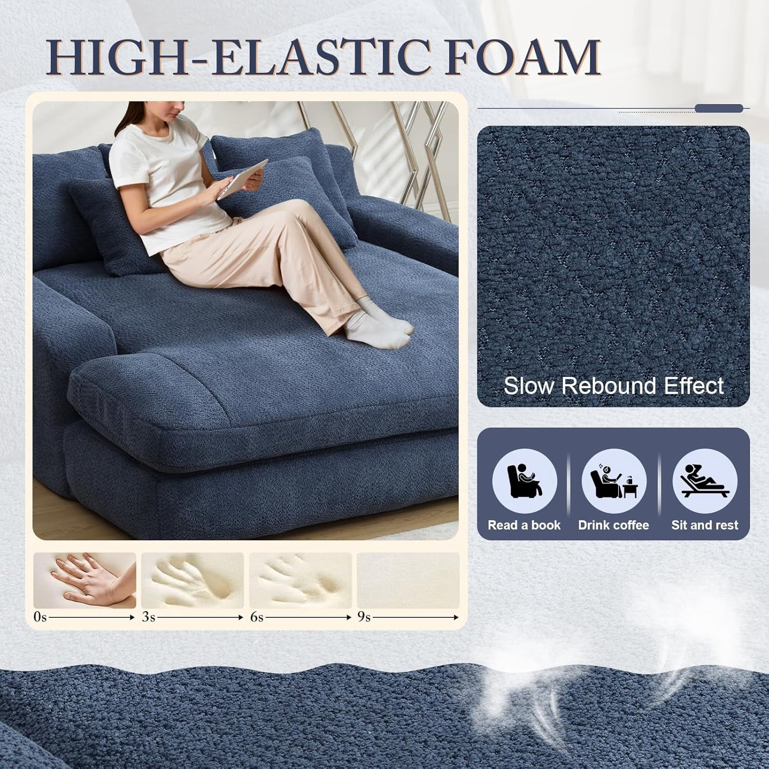 AENKYO Queen Size Sleeper Sofa Bed, Deep Seat Chaise Lounge w/5 Pillows,Space-Saving Multi-Functional Chenille Couch for Apartment Living - Blue