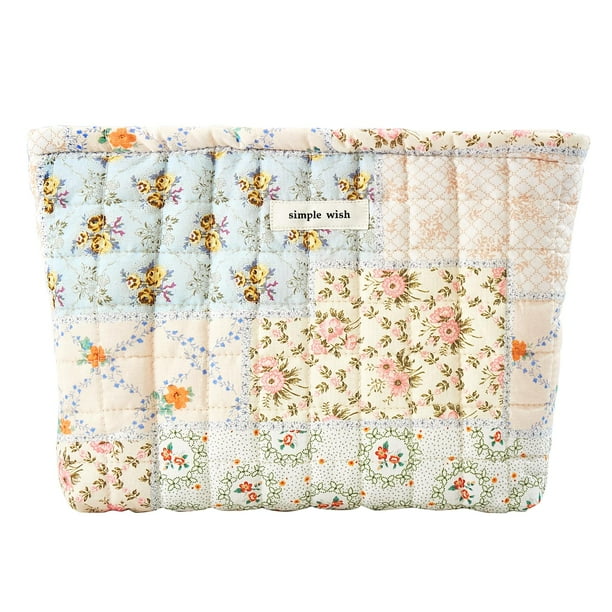 Bolsa de maquillaje Sminra, organizador acolchado de algodón con estampado floral, azul