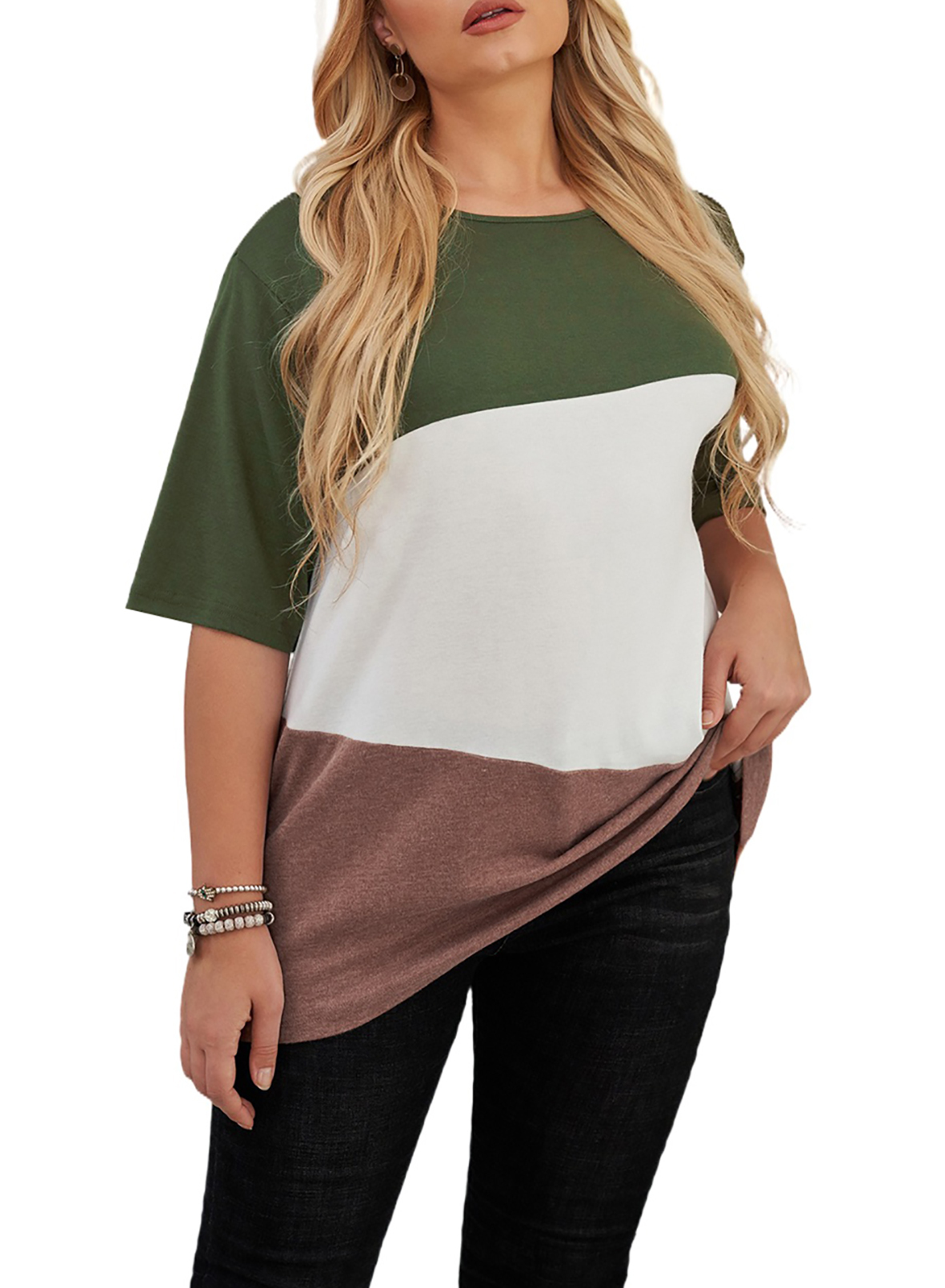 SHEWIN Womens Plus Size Tops Summer Color Block Printed TShirt Casual Tunics Short Sleeve