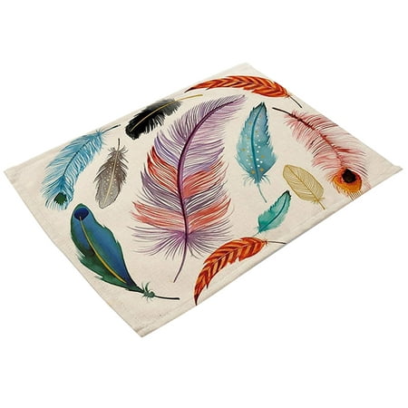 

1Pcs Colorful Feather Pattern Placemat Coaster Cotton and Linen Pads Kitchen Dining Table Mats Western Mat 42 x 32cm-F