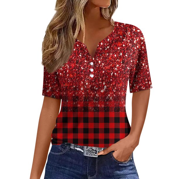 Camiseta para Mujer Camiseta con Estampado de Botones Manga Corta Diario Fin de Semana Moda Básica Cuello en V Top Regular Vino/M