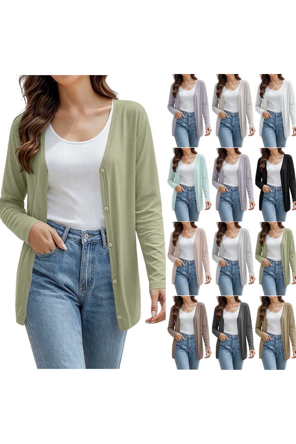 Open Front Cardigan for Women Cotton Long Sleeve Cardigans Lightweight Casual Fall Blouses Loose Fit Plain Duster Tops