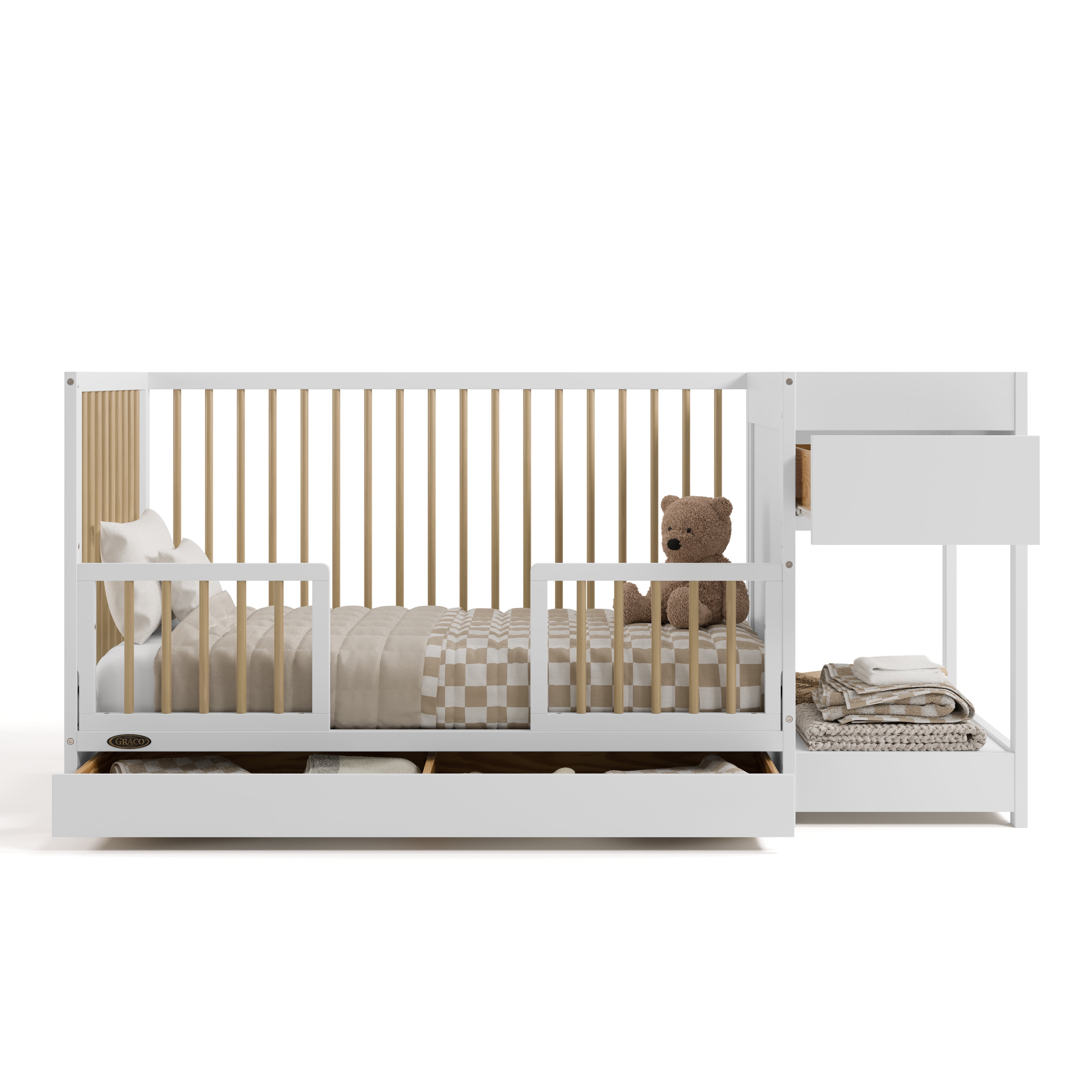 Graco Teddi 5-in-1 Convertible Baby Crib and Changer with Drawer, White with Driftwood