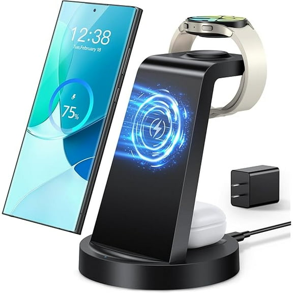 FU2019Wireless Charger for Samsung: 3 in 1 Wireless Charging Station for Samsung Galaxy Watch 7 6 5 4 3 Pro Classic Galaxy Buds - Charger Dock Stand for S25 S24 Ultra S23 S22 S21 Note Z Fold Android
