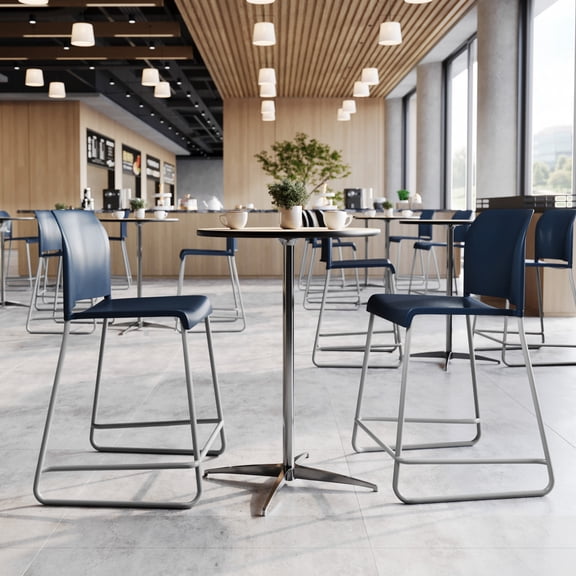 Emma Oliver Stackable Office Reception Counter Stool with Contoured Backrest and Chrome Sled Base in Navy