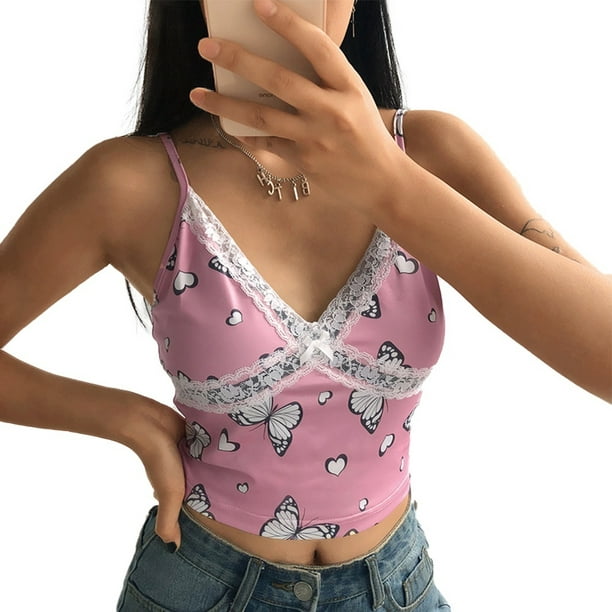 Women´s Cute Crop Cami Top, Sexy V Neck Spaghetti Strap Butterfly Print  Camisole with Lace Trim