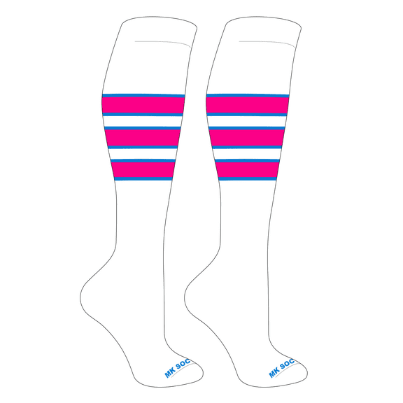 MK Socks Striped OTC Baseball, Softball, Football Socks (C) White, Neon Blue, Hot Pink (XS)
