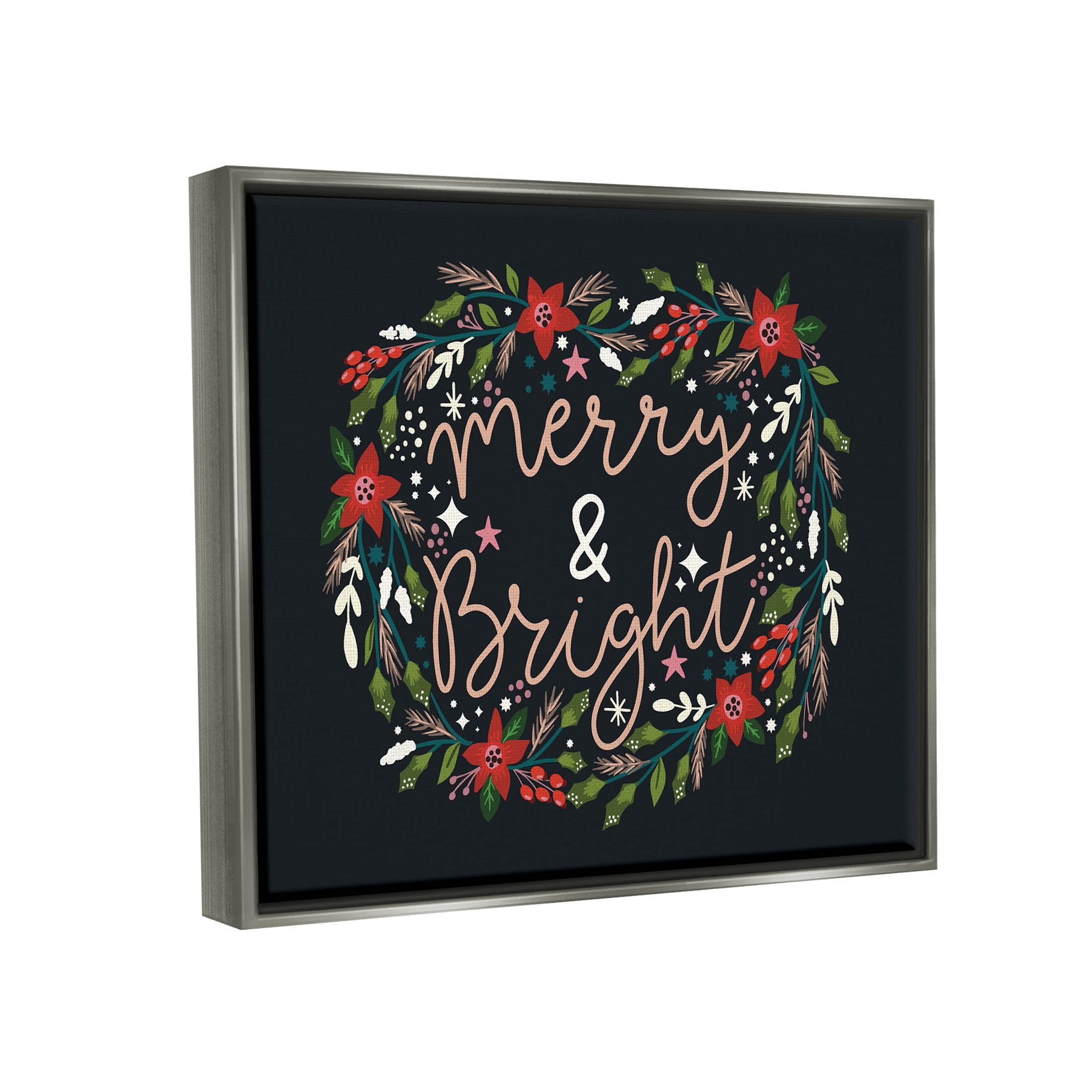 Merry & Bright Poinsettia Wreath Holiday Graphic Art Luster Gray Framed Art Print Wall Art