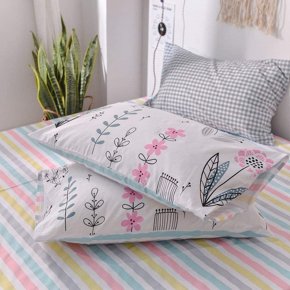 Birds Flower Print Cotton Bed Pillowcases Set of 2 Queen Floral Girls
