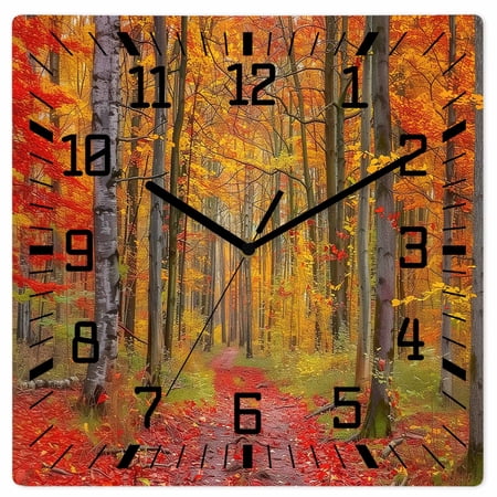 Red Orange Forest Fall Wooden Wall Clock Silent Non Ticking, Thanksgiving Tree Maple Leaf Square Wall Clocks Battery Operated, Decor Clock for Home Office, Living Room, Kitchen, 12 Inch
