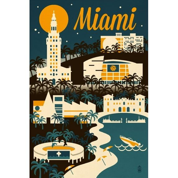Miami, Florida, Retro Skyline (36x54 Giclee Gallery Art Print, Vivid Textured Wall Decor)