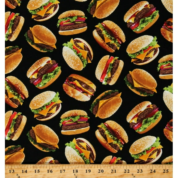 Cotton Food Cheeseburgers Meat Vegetables Burgers Black Cotton Fabric Print by the Yard (FOOD-C6995-BLACK)