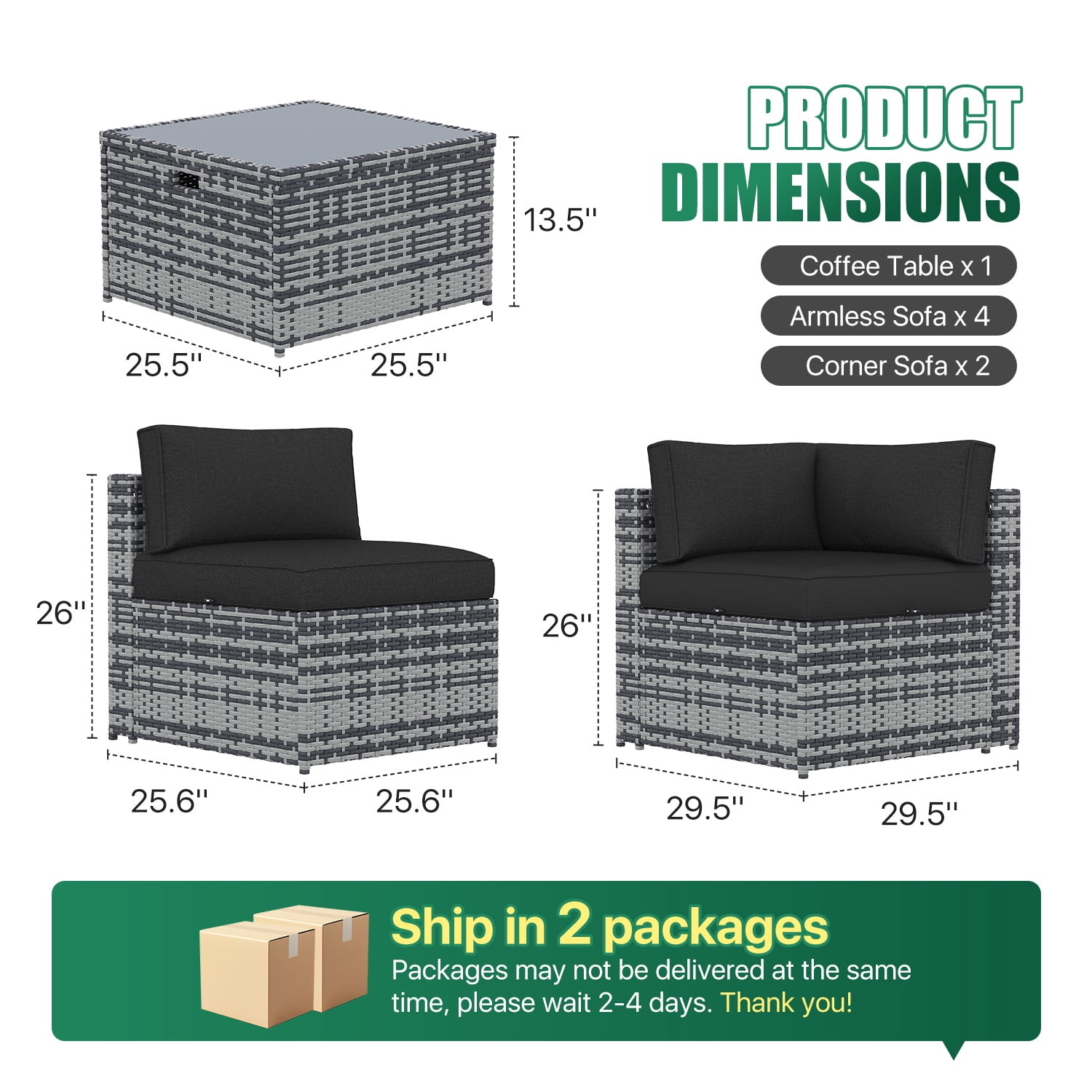 LazySunsets 7 Piece Outdoor Patio Furniture Set, Wicker Rattan Patio Sectional Sofa Set, Black