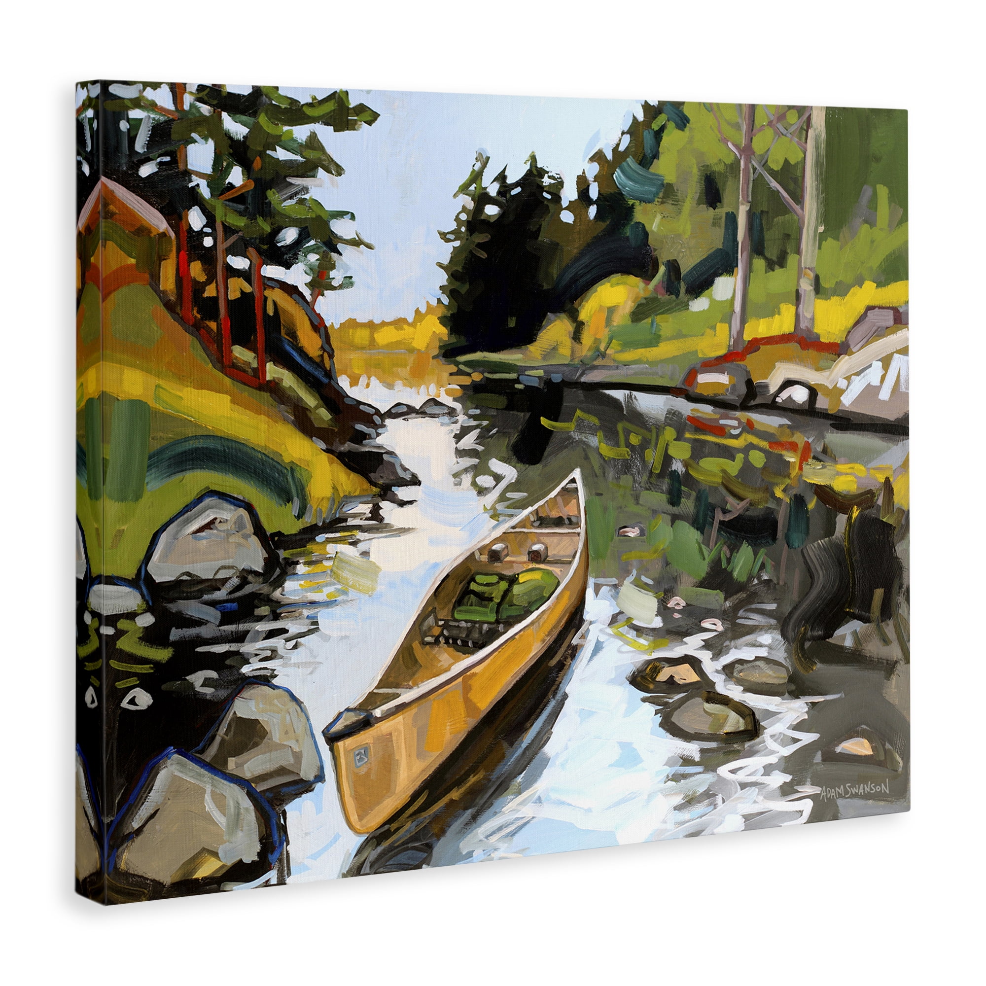 Stupell Industries Canoe Through River Transportation Painting Wrapped Canvas Art Print Wall Art, 30 x 24