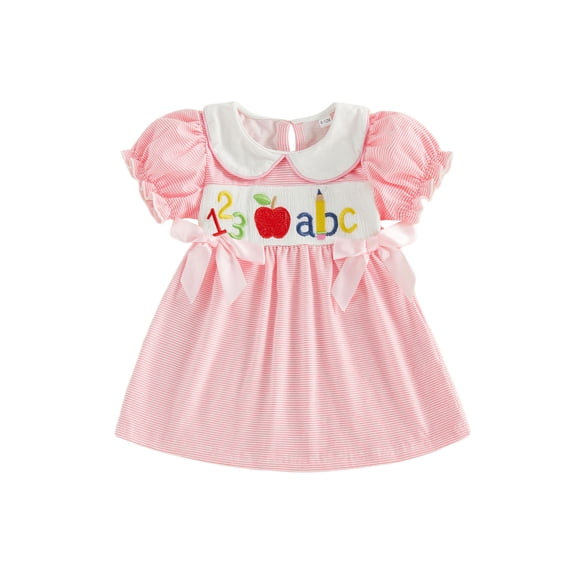 BemeyourBBs Toddler Baby Girl Back to School Dresses Kids Kindergarten Outfits Baby Girl Summer Dress with Bows Striped Apple Embroidered Puff Short Sleeve Doll Collar Causal A-line Dress