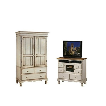 2 Piece Bedroom Set With Wardrobe Armoire And Tv Chest In Antique White