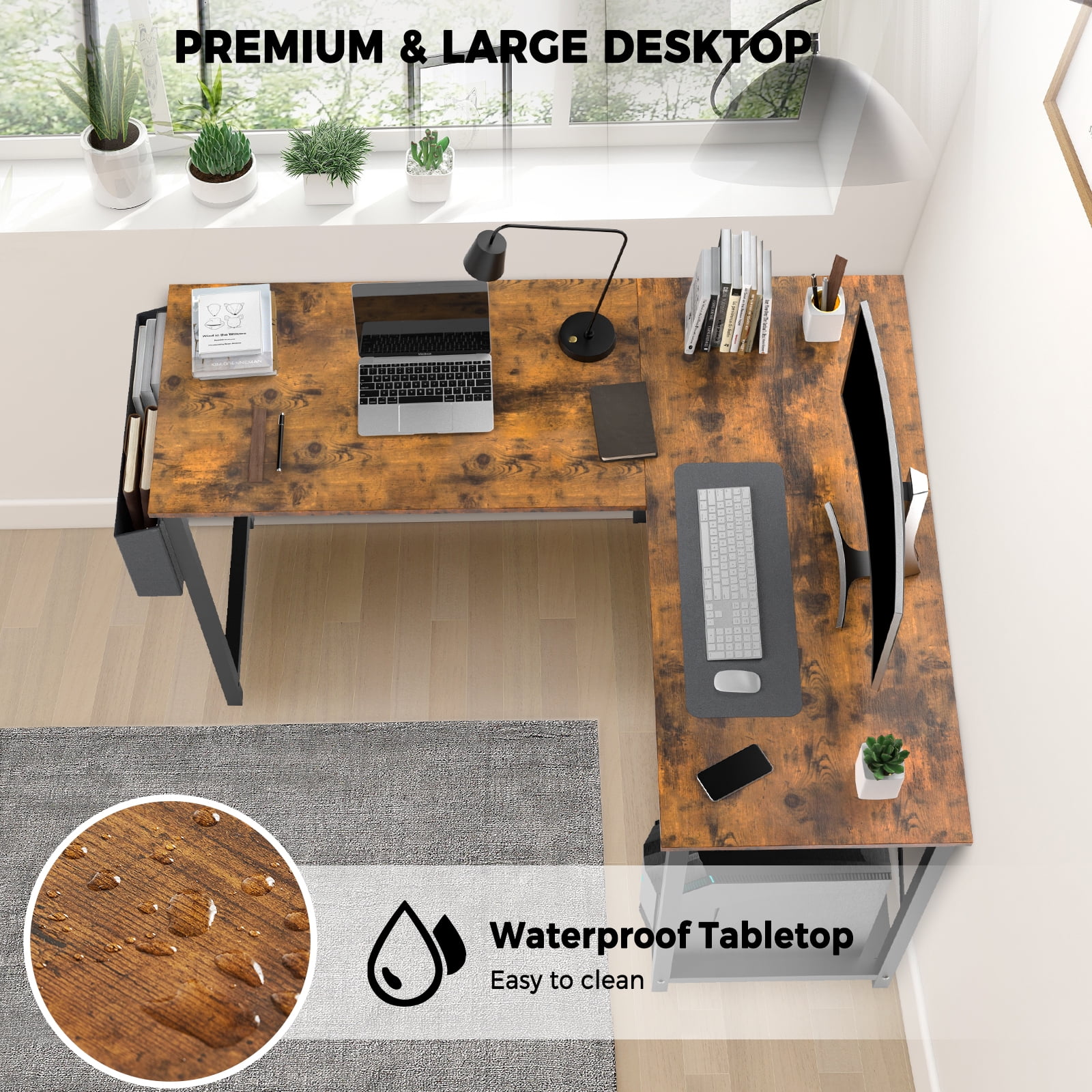 CONCETTA 49in Reversible L Shaped Computer Desk with Storage, Coner Desk with Wooden Desktop, CPU Stand and Side Bag for Home Office & Gaming, Rust Brown